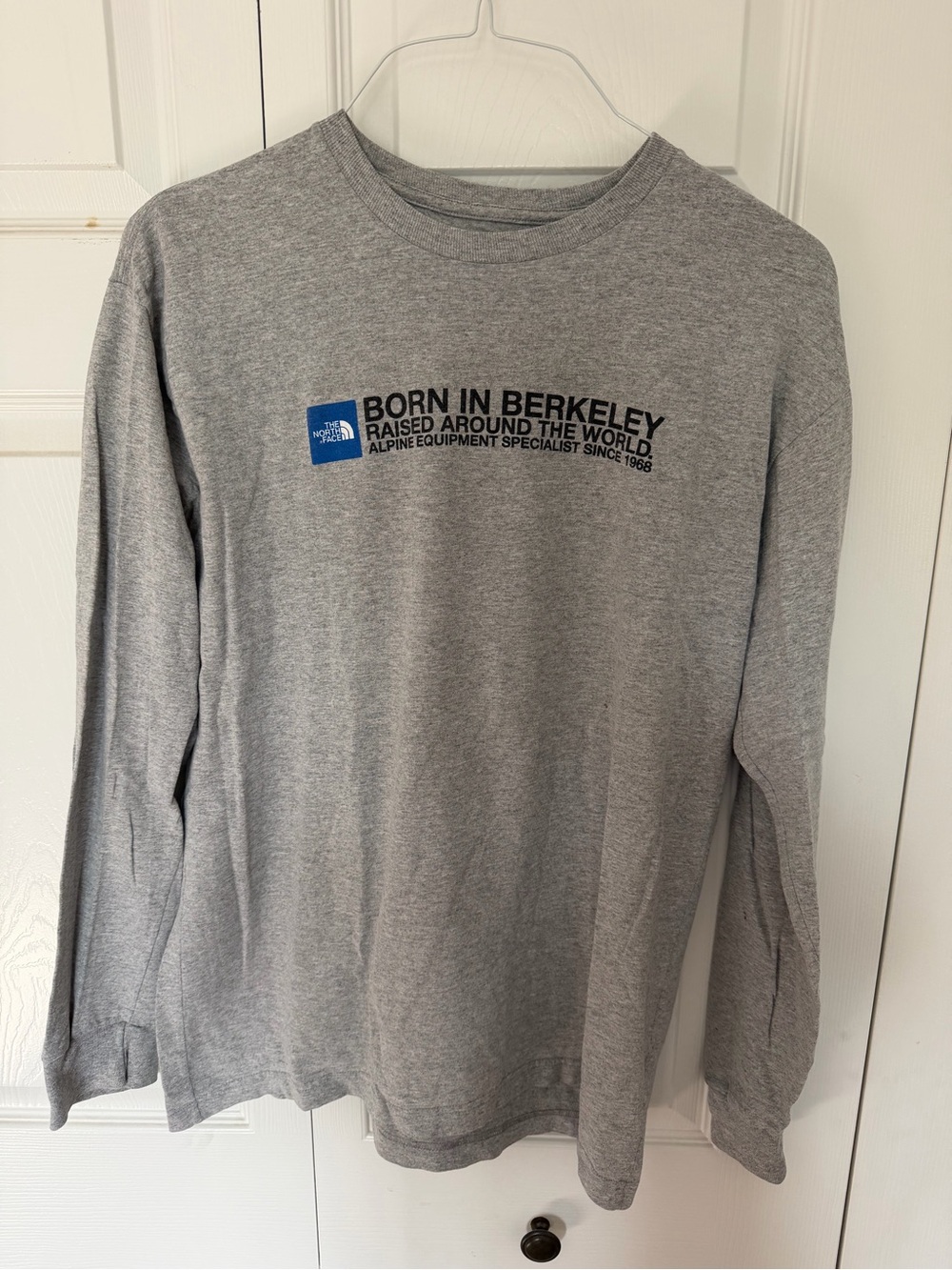 The North Face Gray Long Sleeve Logo Tee with Blue Emblem